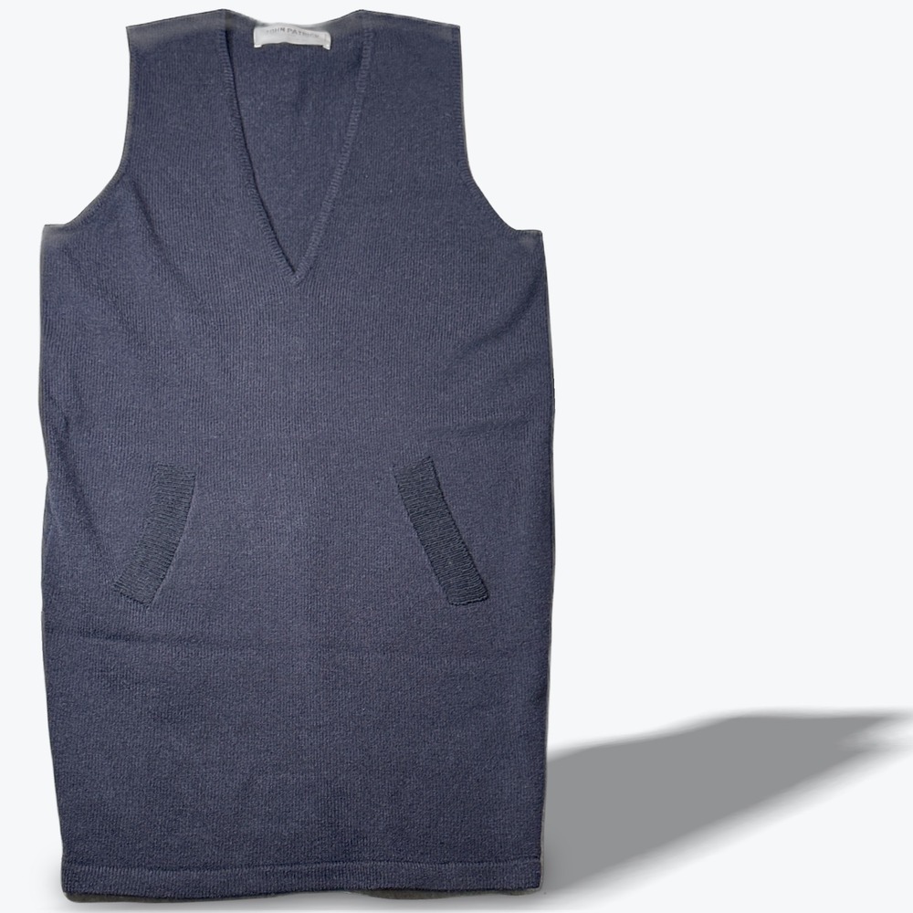 John Patrick Geoda‎ Blue Wool Knit V-Neck Sleeveless Midi Dress Small Designer